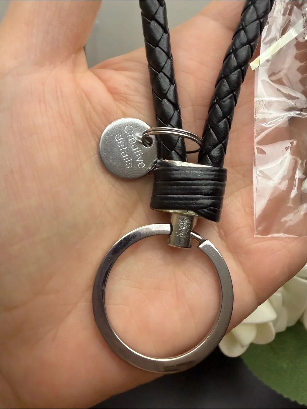 Coach Braided Leather Loop Keyring - Black with Silver Hardware